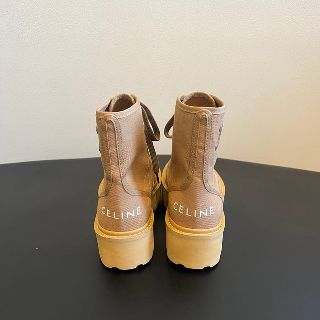 CELINE 26S BULKY LACE-UP BOOTS 45 MM IN SAND BEIGE CANVAS AND CALFSKIN