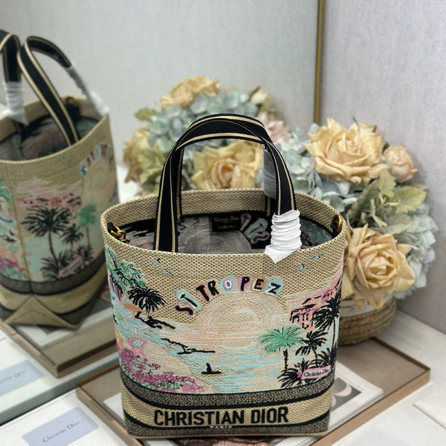 DIOR 26S BOOK TOTE BAG 25 IN MUTICOLOR RAFFIA