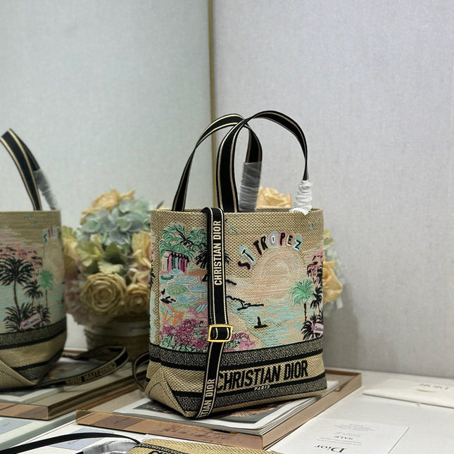 DIOR 26S BOOK TOTE BAG 25 IN MUTICOLOR RAFFIA