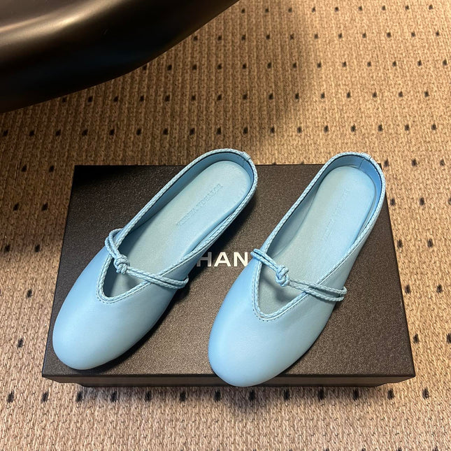 BOTTEGA VENETA 26S FLAT MULES IN BLUE LAMBSKIN