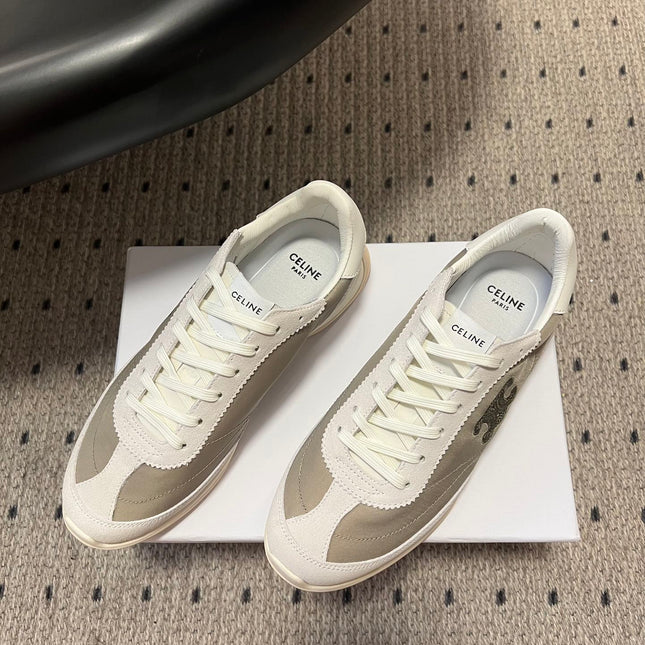 CELINE 26S RACER SNEAKERS IN WHITE SUEDE AND BEIGE GRAY FABRIC