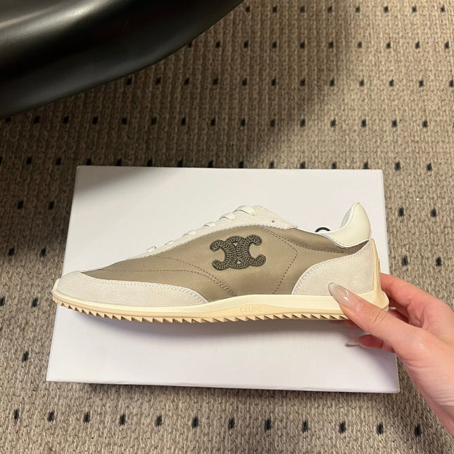 CELINE 26S RACER SNEAKERS IN WHITE SUEDE AND BEIGE GRAY FABRIC