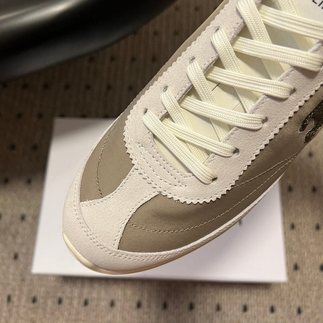 CELINE 26S RACER SNEAKERS IN WHITE SUEDE AND BEIGE GRAY FABRIC