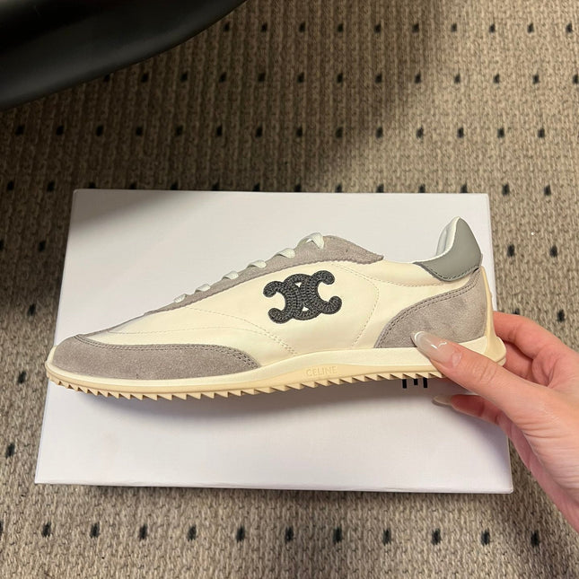 CELINE 26S RACER SNEAKERS IN CREAM WHITE FABRIC AND GRAY SUEDE