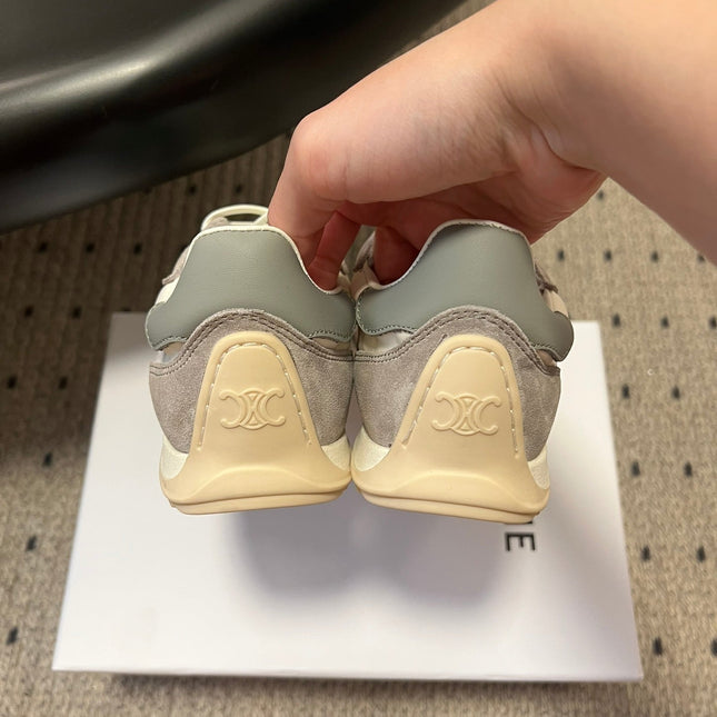 CELINE 26S RACER SNEAKERS IN CREAM WHITE FABRIC AND GRAY SUEDE