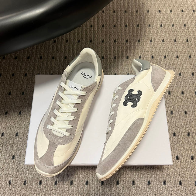 CELINE 26S RACER SNEAKERS IN CREAM WHITE FABRIC AND GRAY SUEDE