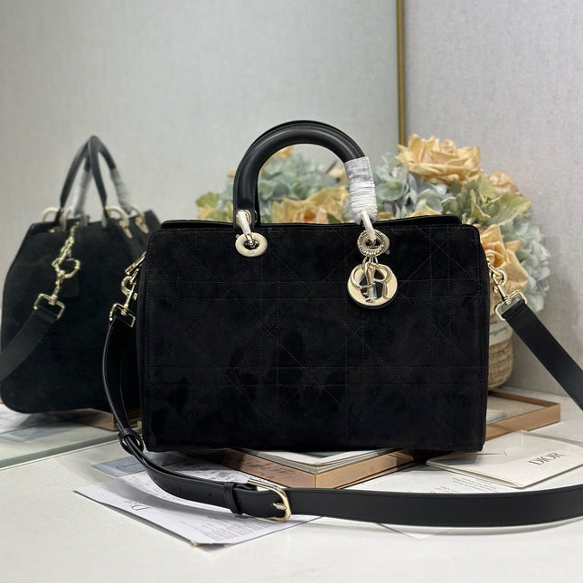 DIOR 26S LADY BAG 34 IN BLACK SUEDE
