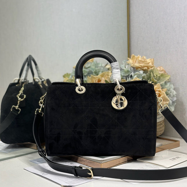 DIOR 26S LADY BAG 34 IN BLACK SUEDE