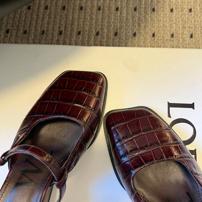 LOEWE 26S ONDA MULE 45MM IN WINE RED EMBOSSED CROCODILE CALFSKIN