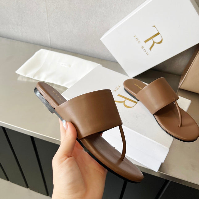 THE ROW 26S FLAT THONG SANDALS IN BROWN CALFSKIN