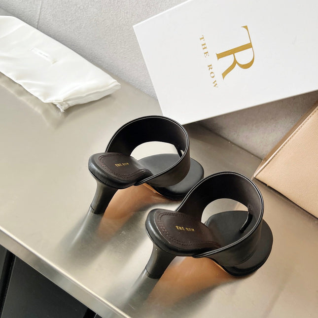 THE ROW 26S HEELED THONG MULES 60MM IN BLACK CALFSKIN