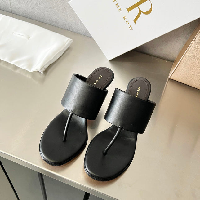 THE ROW 26S HEELED THONG MULES 60MM IN BLACK CALFSKIN