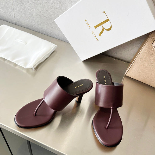 THE ROW 26S HEELED THONG MULES 60MM IN BURGUNDY RED CALFSKIN