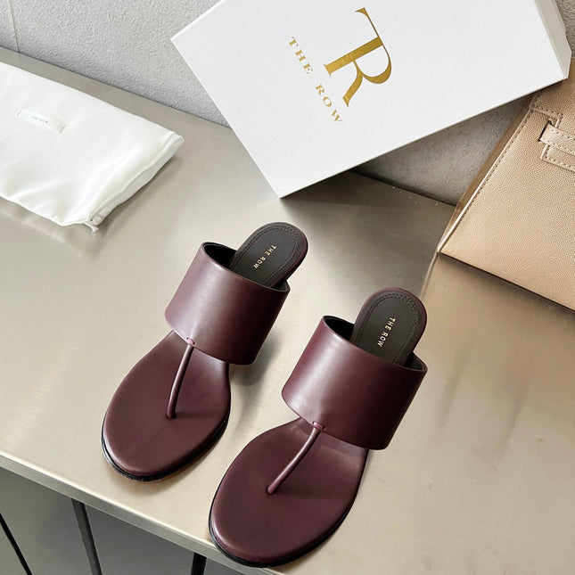 THE ROW 26S HEELED THONG MULES 60MM IN BURGUNDY RED CALFSKIN