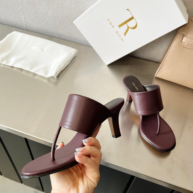 THE ROW 26S HEELED THONG MULES 60MM IN BURGUNDY RED CALFSKIN