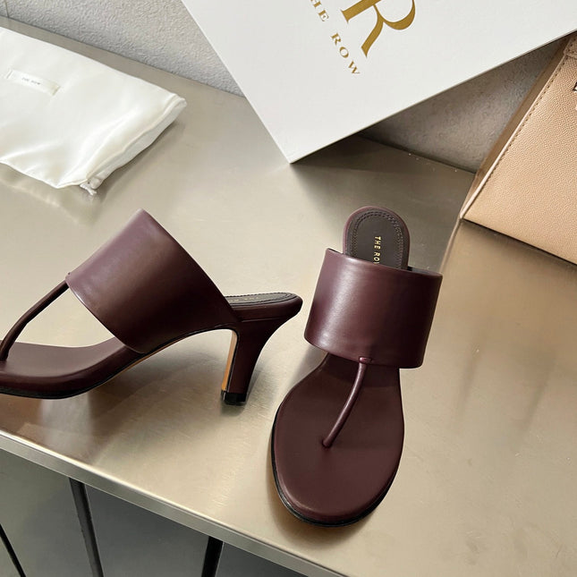 THE ROW 26S HEELED THONG MULES 60MM IN BURGUNDY RED CALFSKIN