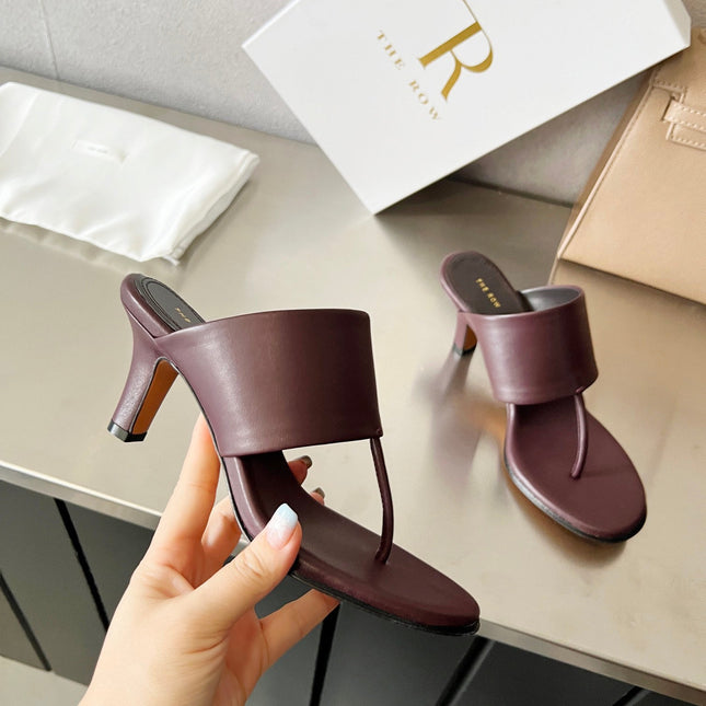 THE ROW 26S HEELED THONG MULES 60MM IN BURGUNDY RED CALFSKIN