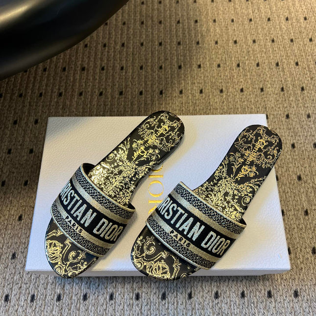 DIOR 26S DWAY SLIDE COTTON EMBROIDERED IN BLACK AND GOLD FLORAL MOTIF