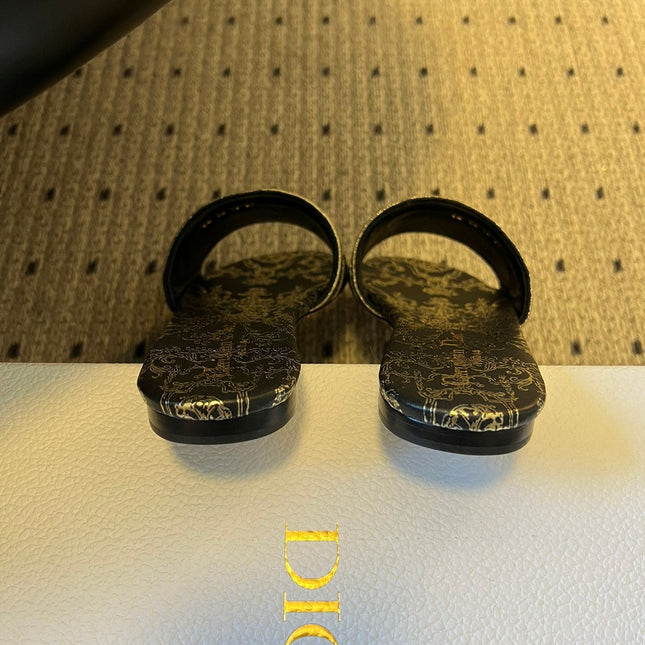 DIOR 26S DWAY SLIDE COTTON EMBROIDERED IN BLACK AND GOLD FLORAL MOTIF