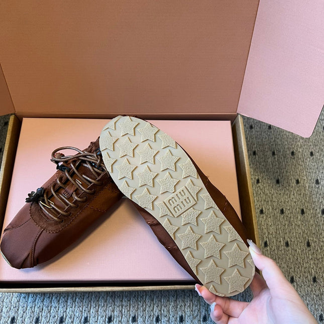 MIUMIU 26S SNEAKERS IN CHOCOLATE BROWN PLUME SATIN