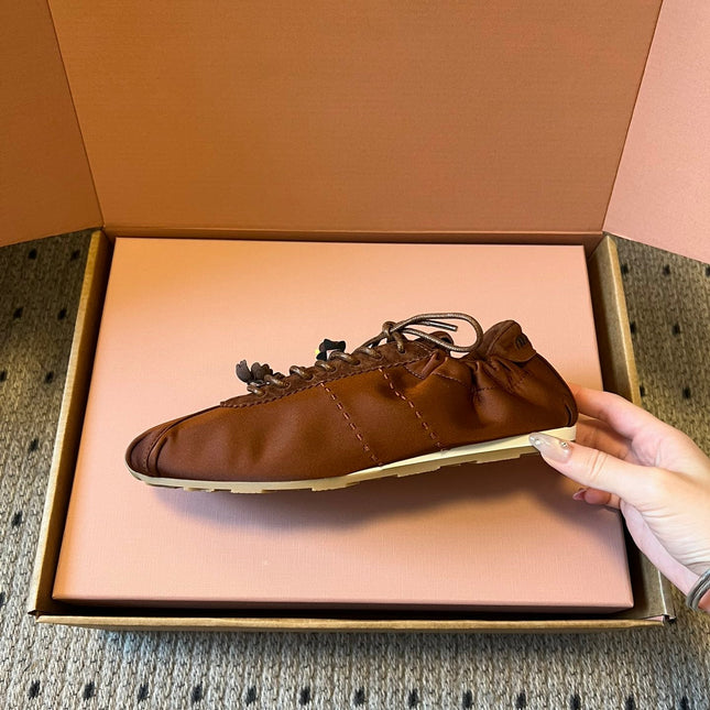 MIUMIU 26S SNEAKERS IN CHOCOLATE BROWN PLUME SATIN