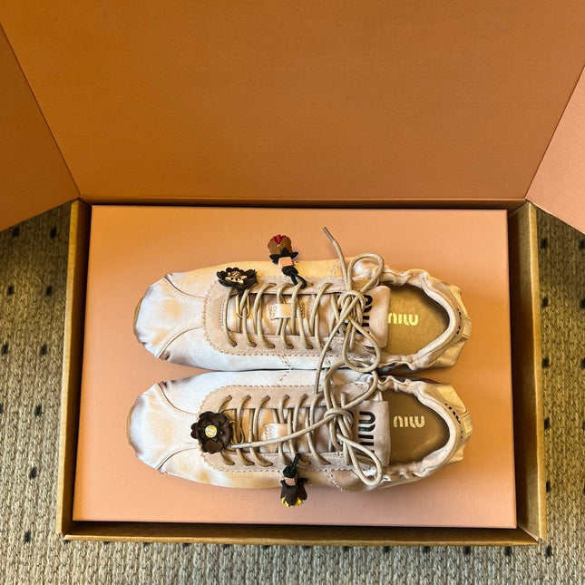MIUMIU 26S SNEAKERS IN LIGHT PINK PLUME SATIN