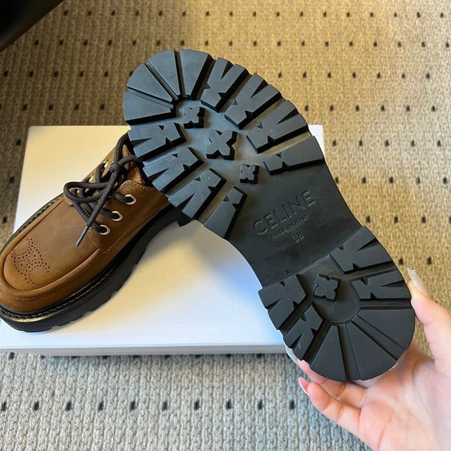 CELINE 26S LACE-UP LOAFERS IN DARK BROWN CALFSKIN
