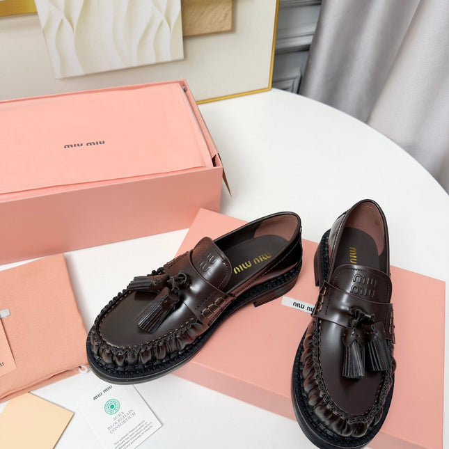 MIUMIU 26S TASSEL LOAFERS IN DARK BROWN CALFSKIN