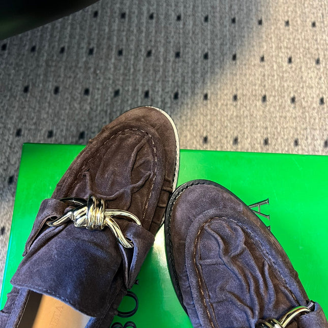 BOTTEGA VENETA 26S LOAFERS IN DARK BROWN SUEDE WITH GOLD HARDWARE
