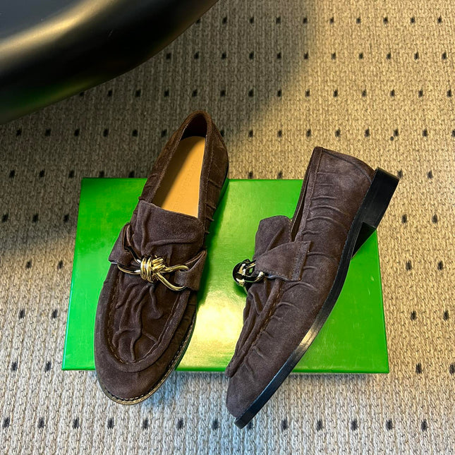 BOTTEGA VENETA 26S LOAFERS IN DARK BROWN SUEDE WITH GOLD HARDWARE