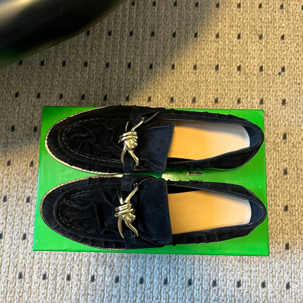 BOTTEGA VENETA 26S LOAFERS IN BLACK SUEDE WITH GOLD HARDWARE