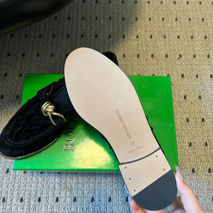 BOTTEGA VENETA 26S LOAFERS IN BLACK SUEDE WITH GOLD HARDWARE