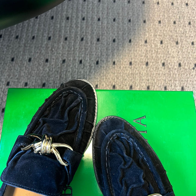 BOTTEGA VENETA 26S LOAFERS IN BLACK SUEDE WITH GOLD HARDWARE