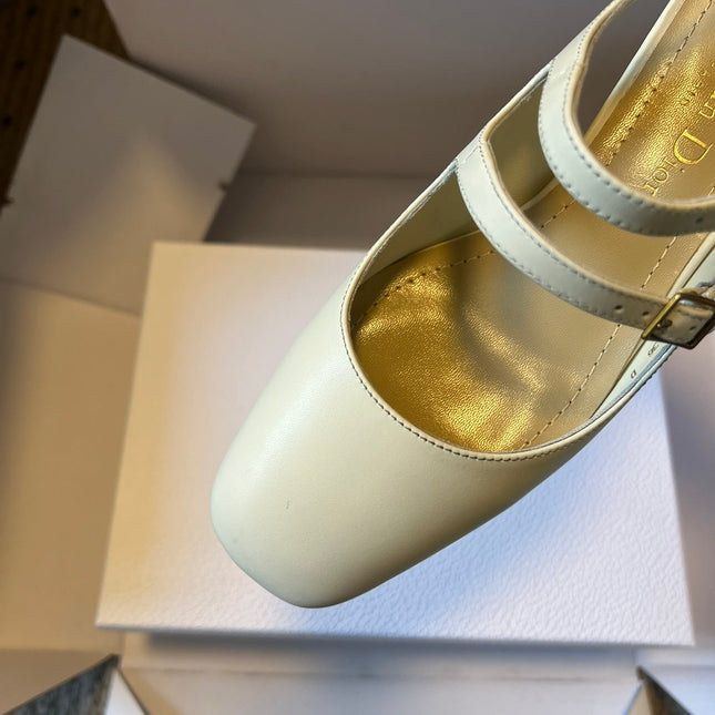 DIOR 26S CHERIE SLINGBACK PUMP 45MM IN CREAM WHITE CALFSKIN GOLD HARDWARE