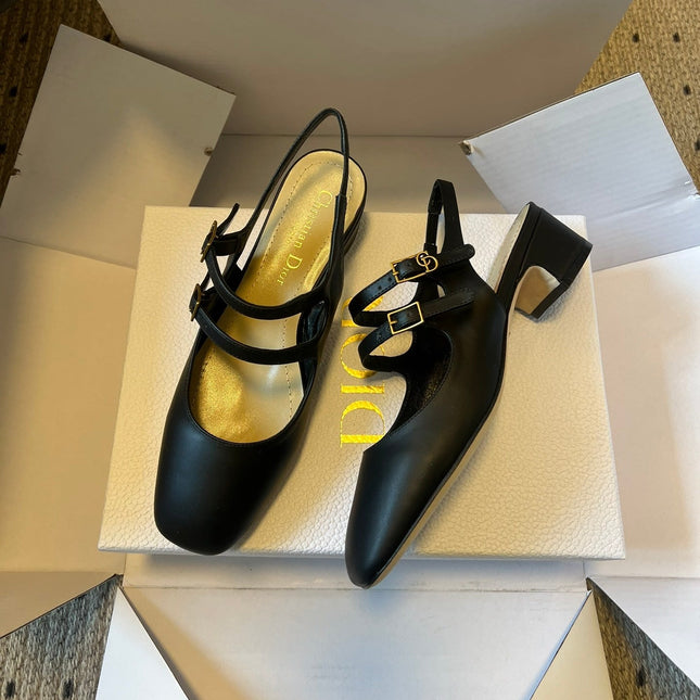 DIOR 26S CHERIE SLINGBACK PUMP 45MM IN BLACK CALFSKIN GOLD HARDWARE