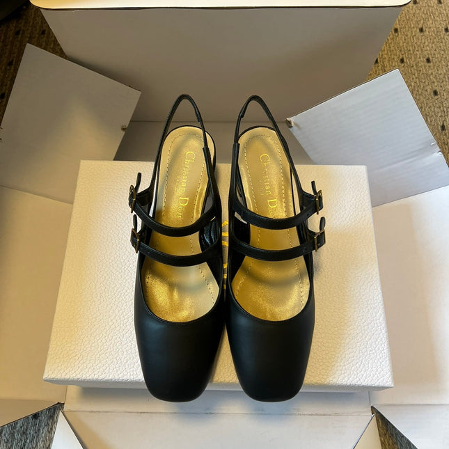 DIOR 26S CHERIE SLINGBACK PUMP 45MM IN BLACK CALFSKIN GOLD HARDWARE