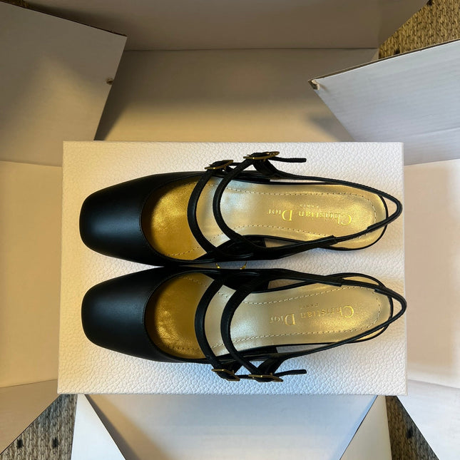 DIOR 26S CHERIE SLINGBACK PUMP 45MM IN BLACK CALFSKIN GOLD HARDWARE