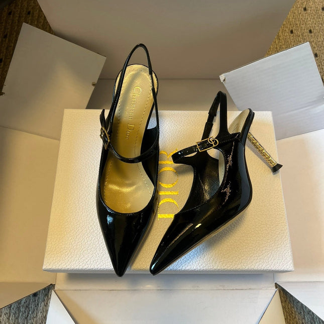 DIOR 26S SLINGBACK PUMP 90MM IN BLACK PATENT CALFSKIN GOLD HARDWARE
