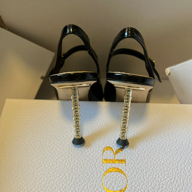 DIOR 26S SLINGBACK PUMP 90MM IN BLACK PATENT CALFSKIN GOLD HARDWARE