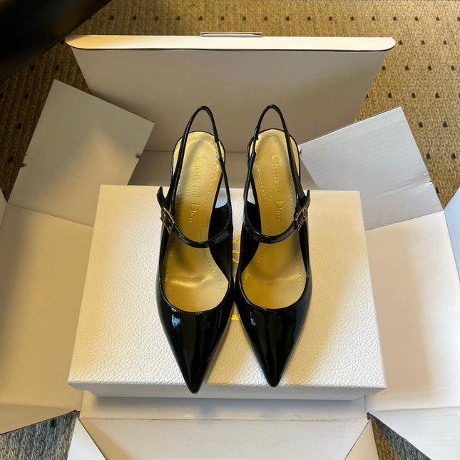 DIOR 26S SLINGBACK PUMP 90MM IN BLACK PATENT CALFSKIN GOLD HARDWARE