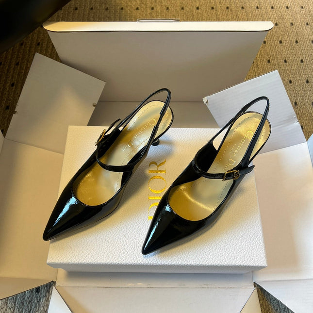 DIOR 26S SLINGBACK PUMP 90MM IN BLACK PATENT CALFSKIN GOLD HARDWARE