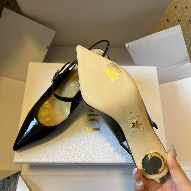 DIOR 26S SLINGBACK PUMP 90MM IN BLACK PATENT CALFSKIN GOLD HARDWARE