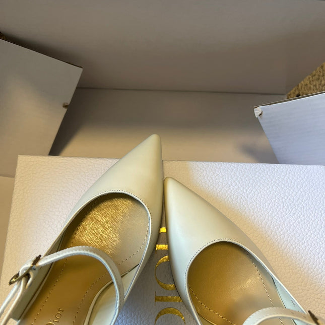 DIOR 26S SLINGBACK PUMP 90MM IN CREAM WHITE CALFSKIN GOLD HARDWARE