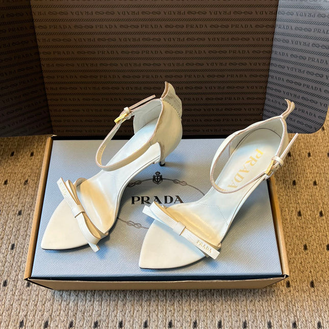 PRADA 26S POINTED-TOE STRAPPY HIGH-HEEL SANDALS 80MM IN WHITE CALFSKIN