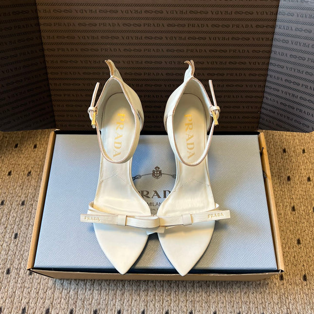 PRADA 26S POINTED-TOE STRAPPY HIGH-HEEL SANDALS 80MM IN WHITE CALFSKIN