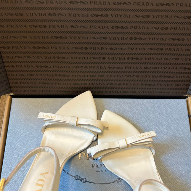 PRADA 26S POINTED-TOE STRAPPY HIGH-HEEL SANDALS 80MM IN WHITE CALFSKIN
