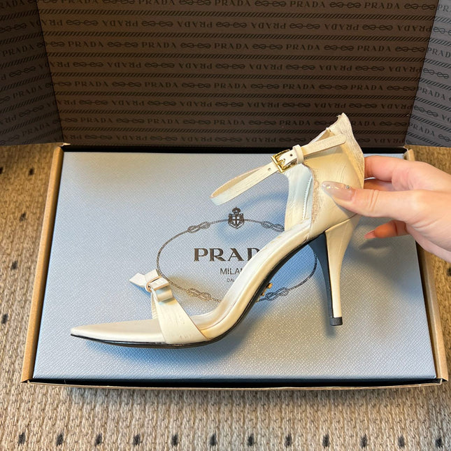 PRADA 26S POINTED-TOE STRAPPY HIGH-HEEL SANDALS 80MM IN WHITE CALFSKIN