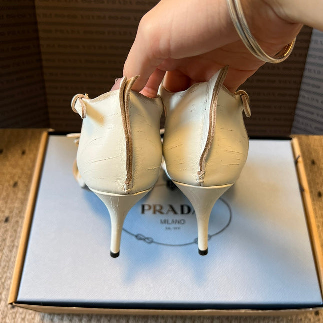 PRADA 26S POINTED-TOE STRAPPY HIGH-HEEL SANDALS 80MM IN WHITE CALFSKIN