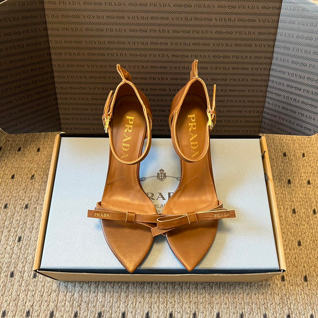 PRADA 26S POINTED-TOE STRAPPY HIGH-HEEL SANDALS 80MM IN CARAMEL BROWN CALFSKIN