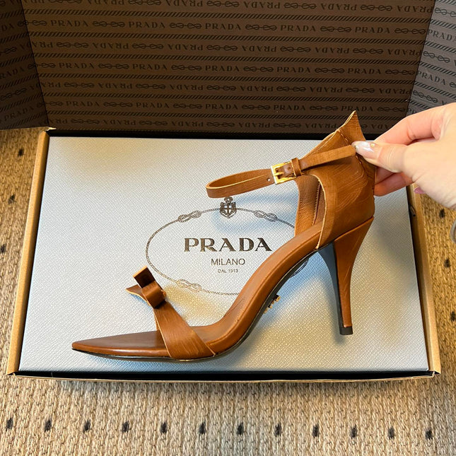 PRADA 26S POINTED-TOE STRAPPY HIGH-HEEL SANDALS 80MM IN CARAMEL BROWN CALFSKIN